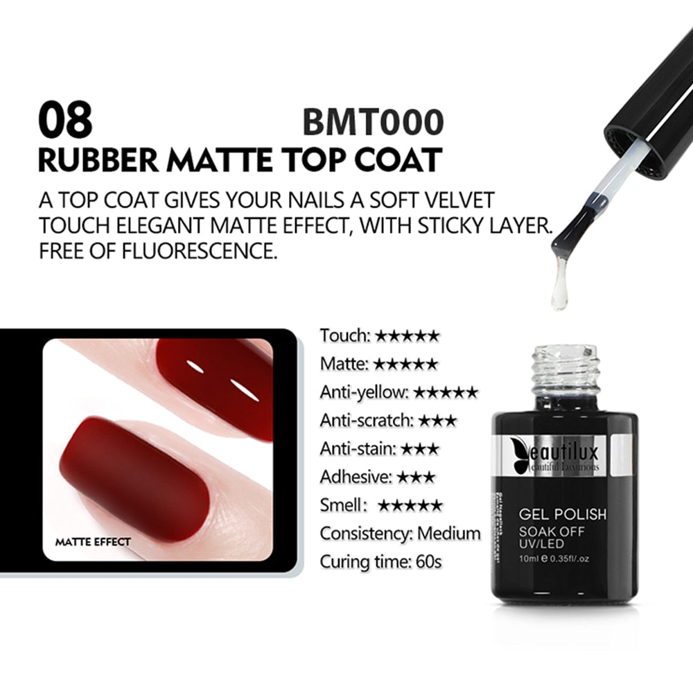 Beautilux Nail Gel Polish (Primer Rubber Base Top Coat Velvet Matte Top Coat Gel Nail Design 1pc 10ml)